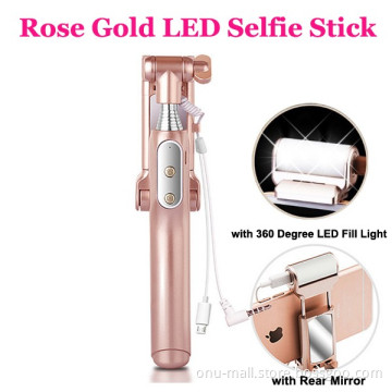 Private Label Wired Selfie Stick Monopod with 360 Degree LED Fill Light and Rear Mirror